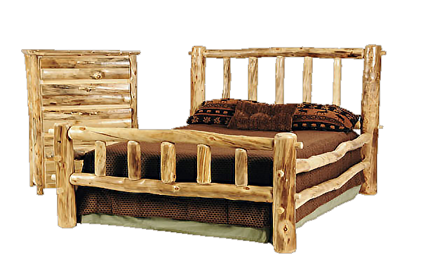 Rustic Arts® Queen Plateau II Bed and Rustic Arts® 5-Drawer Chest with half log drawer fronts